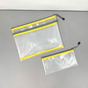Plastic Zipper Pouch Set in Clear with Yellow Trim.